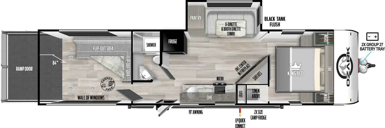 The Ozark 2900THK floorplan is a toy hauler that has one entry and one slide out. Exterior features include: metal exterior and 19' awning. Interiors features include: u-dinette and front bedroom.